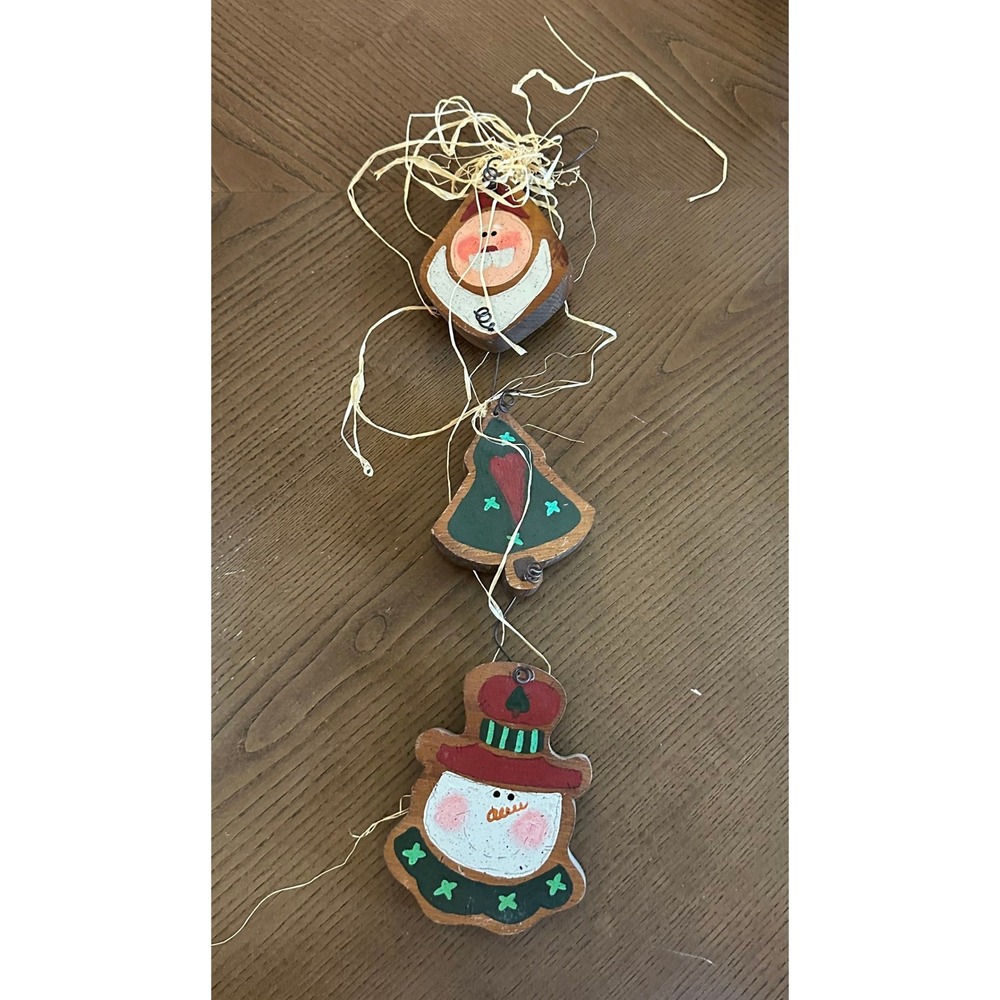 Vintage Rustic Wooden Christmas Hanging Decor Santa Bell Snowman Raffia 20in